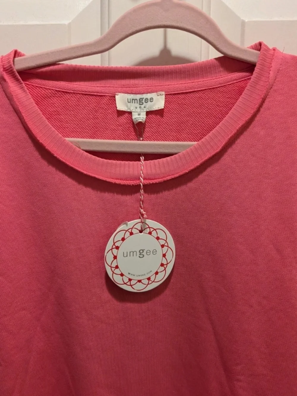 Umgee Hot Pink Crewneck Mini Tunic dress With Crochet Sleeves